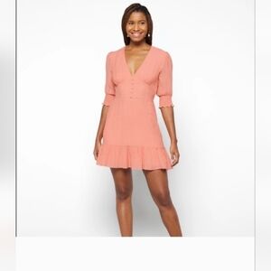 Mink Pink Vera Peach Puff Sleeve Textured button front mini dress